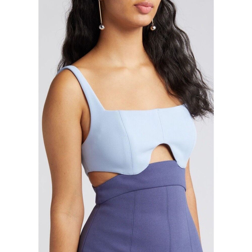 Misha Fernanda Two Tone Midi Dress Women's Medium Navy Blue Cutout Back Zipper D - Picture 2 of 10